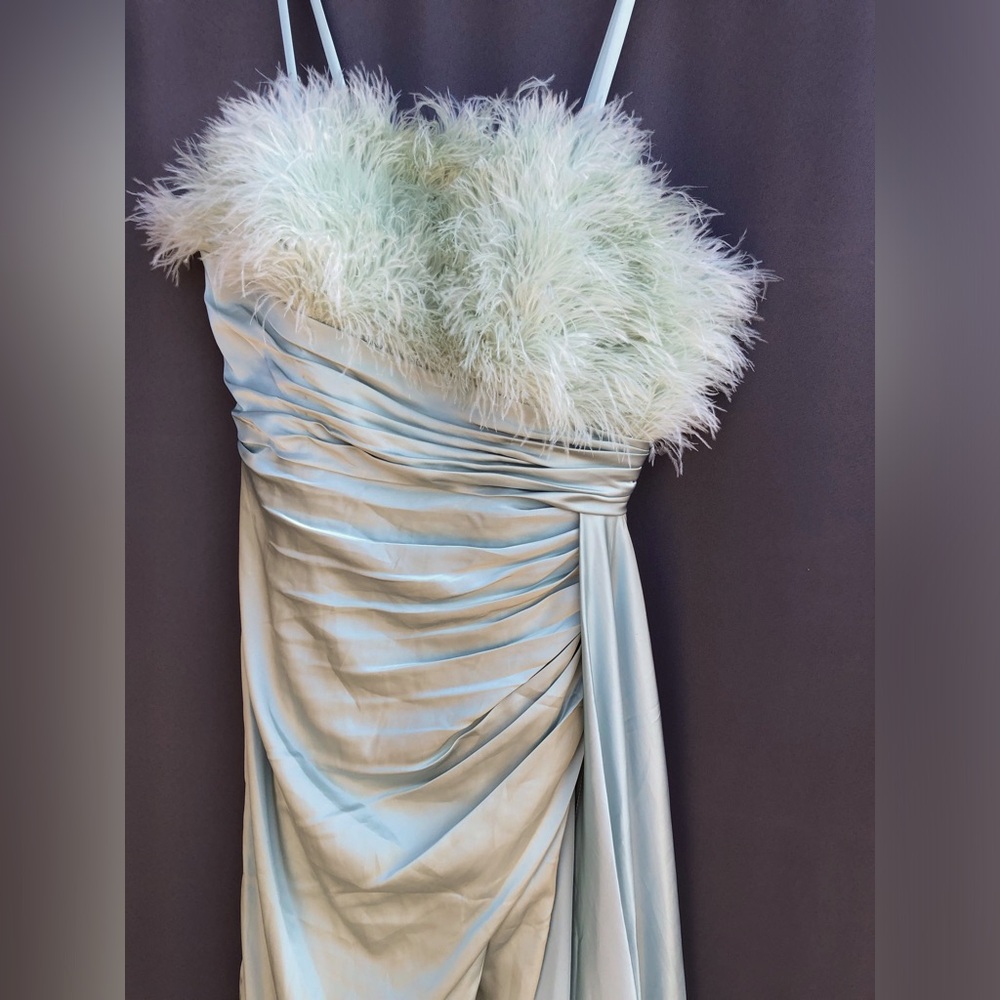 Mac Duggal Mint Green Feathered Strapless Maxi Dress - Picture 8 of 12